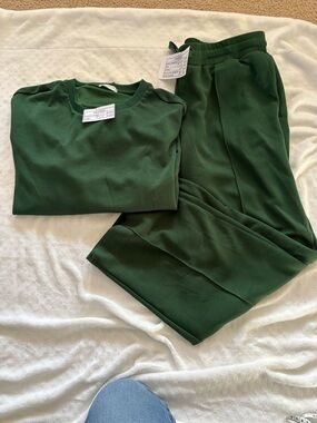Pinspark Women's 2-Piece Lounge Set Long Sleeve Top Wide-Leg Pants XL Green NWOT